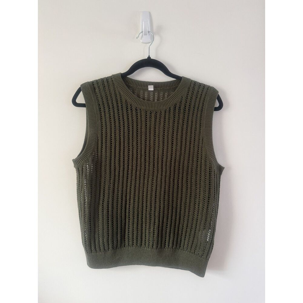 Uniqlo Open Knit Sweater Vest, Olive Green, Linen Blend, Size L